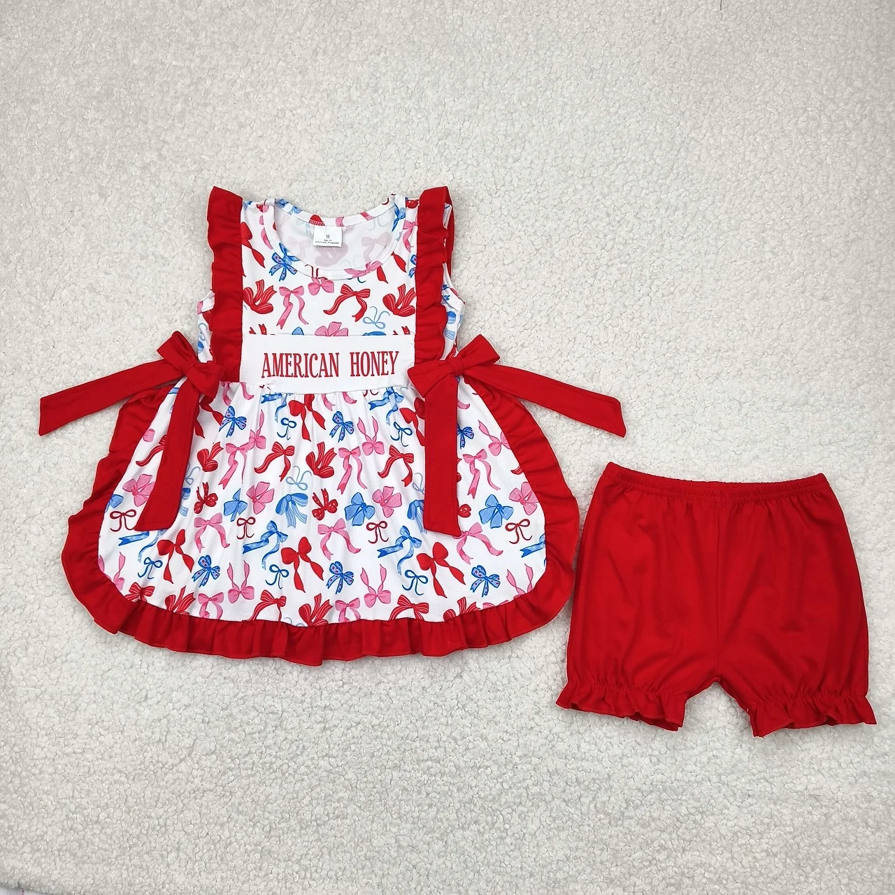 

Wholesale Baby Girl Sleeveless July 4th Bows Tunic Ruffle Outfit Clothing Kids Children Set Toddler Infant Red Cotton Shorts