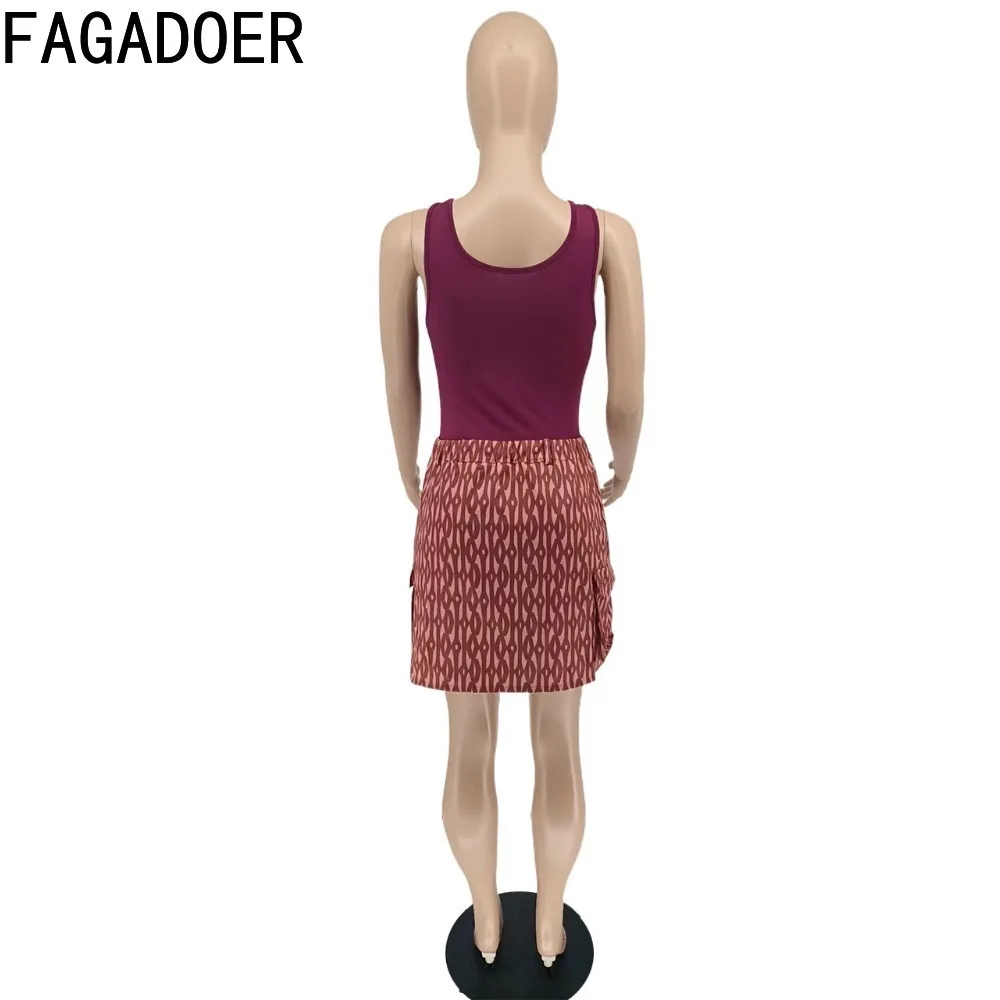 FAGADOER Elegant Lady Print Skirts Two Piece Sets Women Round Neck Sleeveless Vest And Mini Skirt Outfits Female 2pcs Streetwear