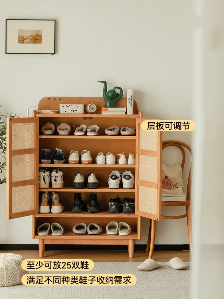 Nordic solid wood rattan shoe cabinet, household entrance cabinet, foyer cabinet, small unit, large capacity, ultra-thin storage