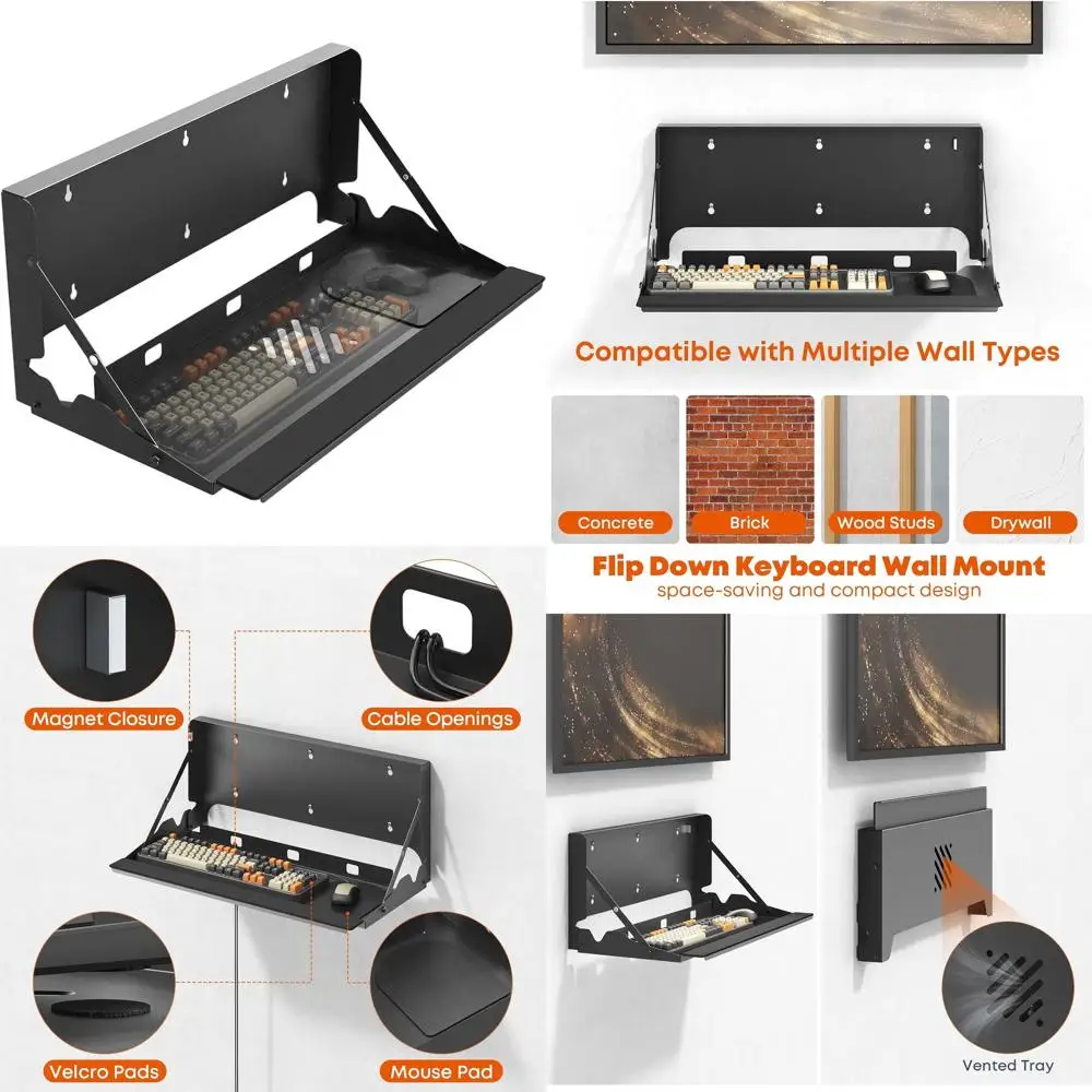 24 Wall-Mounted Keyboard Tray with Mouse and Wrist Pad, Holds 22 lbs, Space-Saving, Black