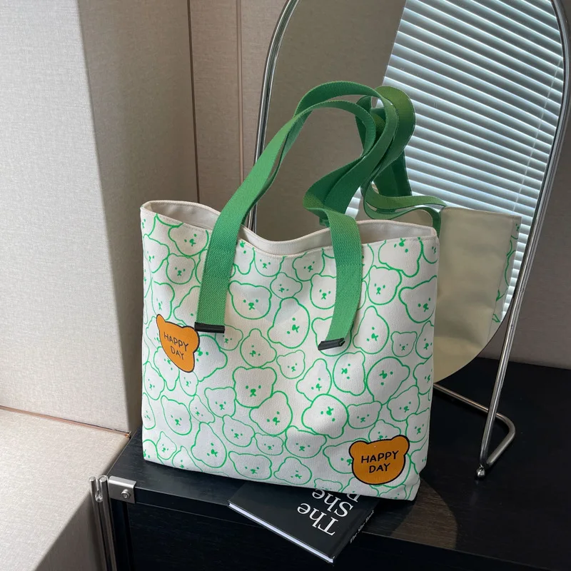 

Высококачественная утолщенная холщовая сумка-тоут, большая вместительная сумка с рисунком медведя, женская стильная сумка на плечо, школьная сумка для студентов кампуса