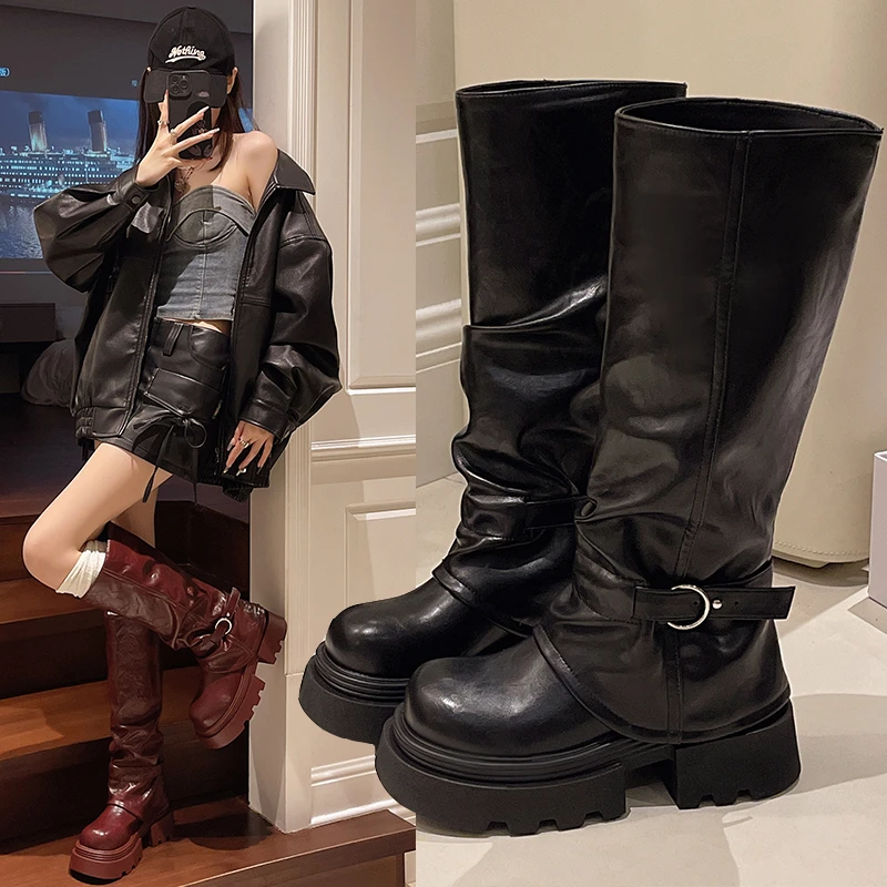

2026 New Fashion Knee High Belt Buckle Round Toe Thick Sole Platform Chunky Heels Boots Solid Slip on Ins Western Sexy Shoe