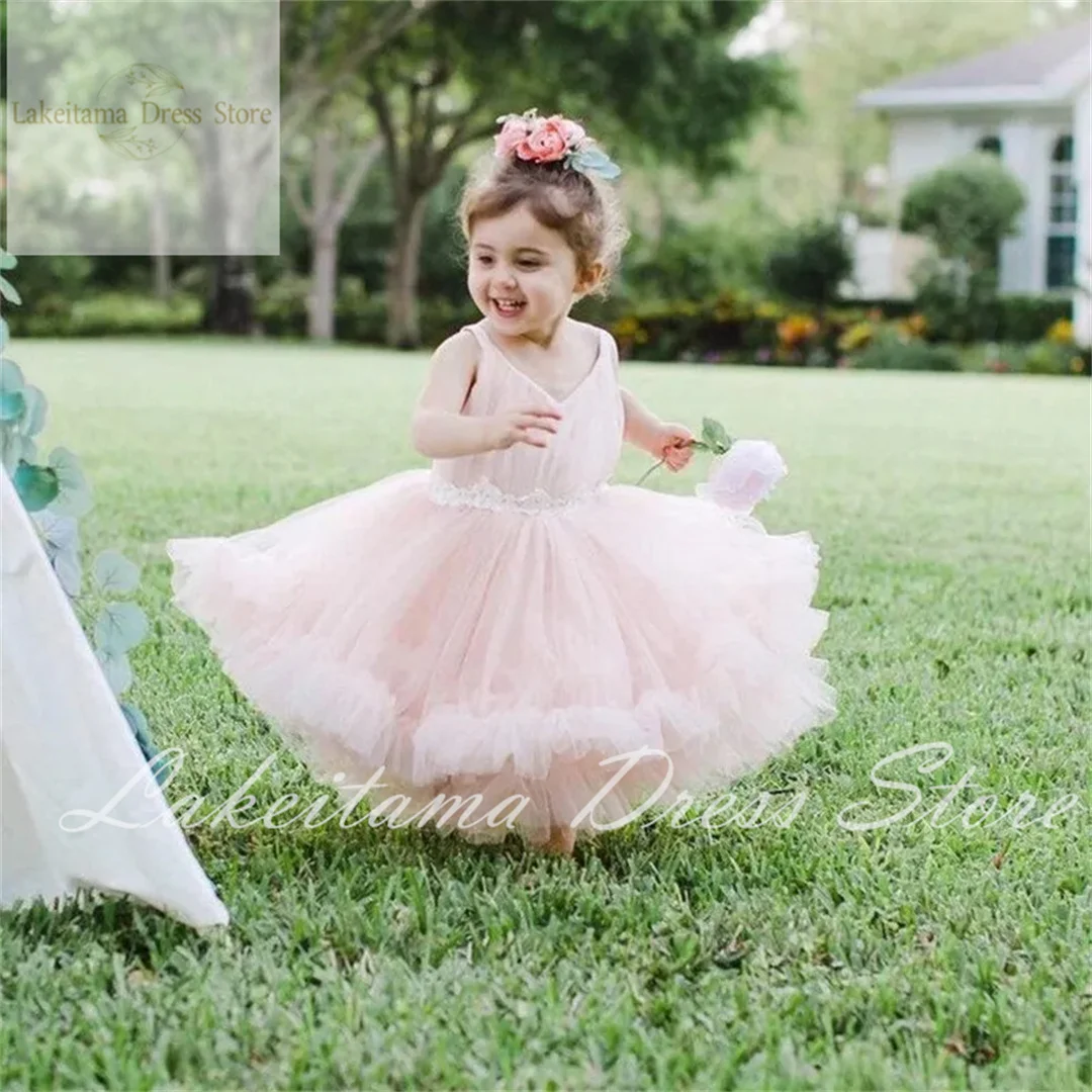 Pageant Flush Pink Flower Girls Dresses Lovely Jewel Tulle with Lace Custom Made Girls Formal Wedding Gowns Kids Birthday Wear