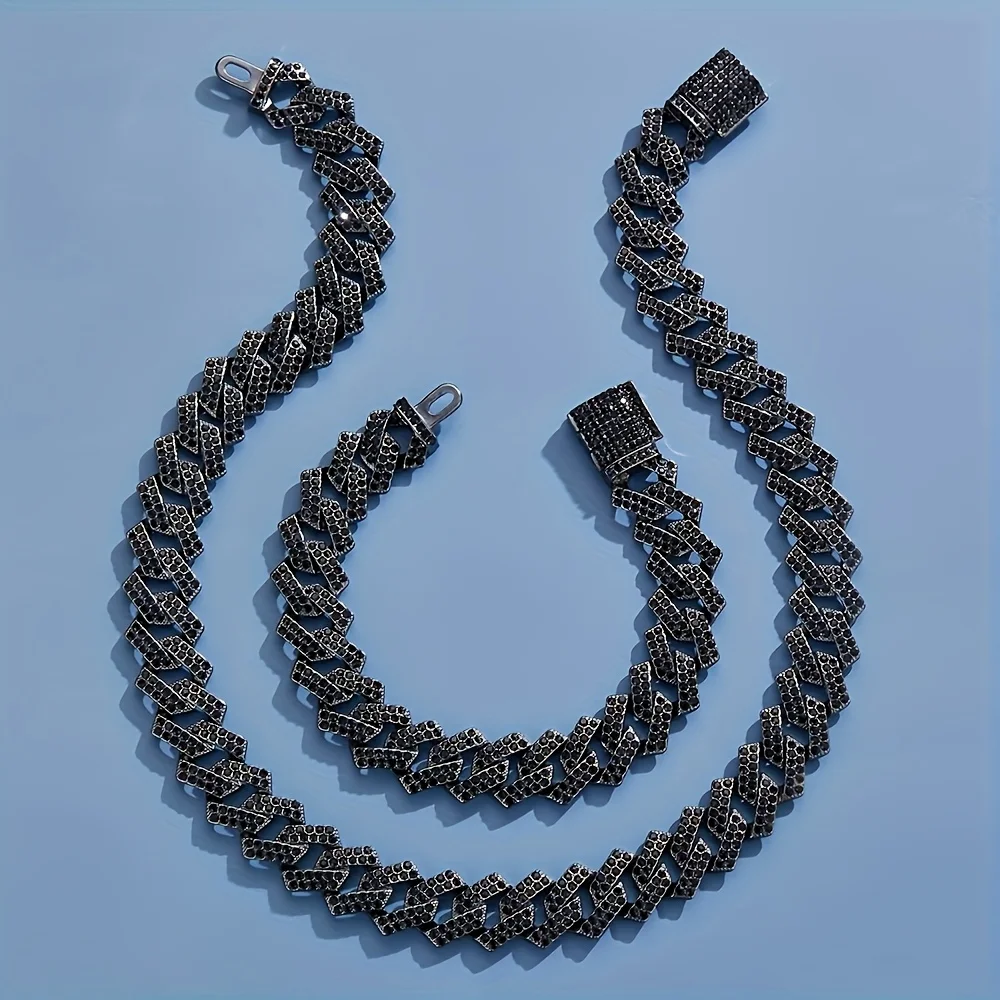 

2pc gun black Cuban necklace bracelet set with sparkling rhinestones, hip-hop style, men's handsome rock and bouncing accessorie