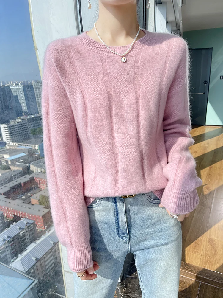 

2024 Pure Merino Wool Sweater For Women Autumn Winter Solid O-Neck Pullover Knitwear Twisted Flower Casual Cashmere Clothing Top