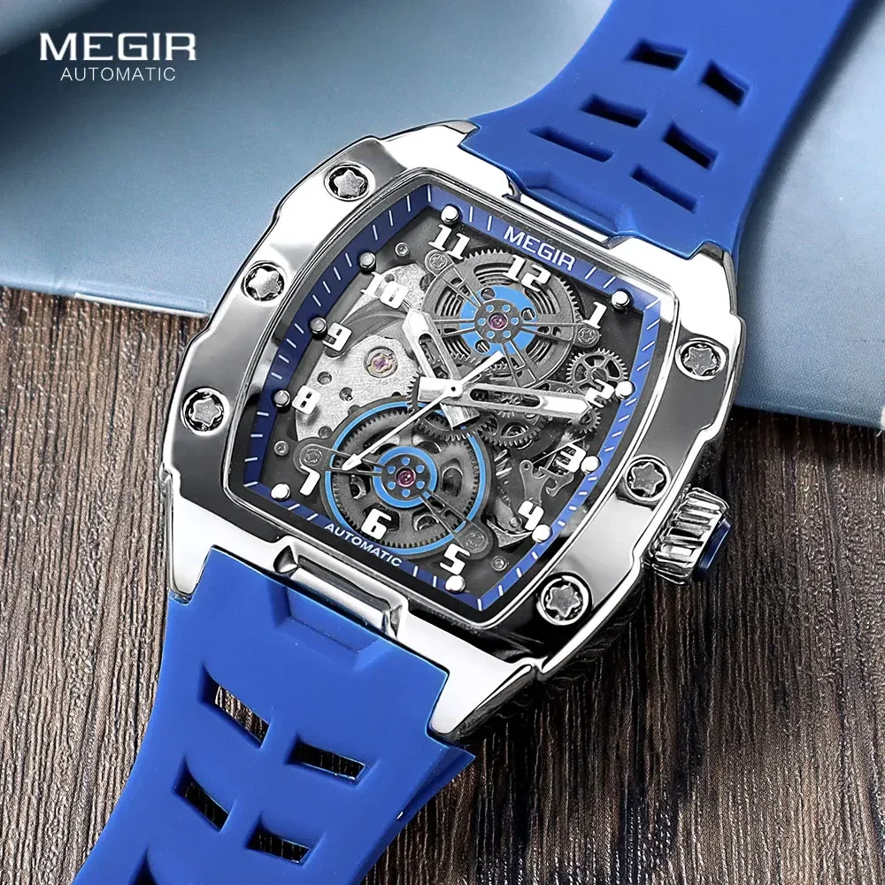 MEGIR Blue Mechanical Watch for Men Tonneau Hollow Dial Sport Waterproof Automatic Wristwatch with Luminous Hands Silicone Strap