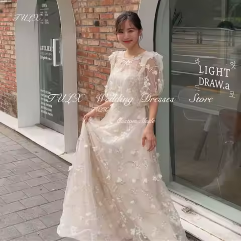 TULX 럭셔리 레이스 플라워 한국 웨딩 사진 원피스, O넥 반팔 신부 가운, 바닥 길이, 얇은 명주 그물 파티 원피스 맞춤