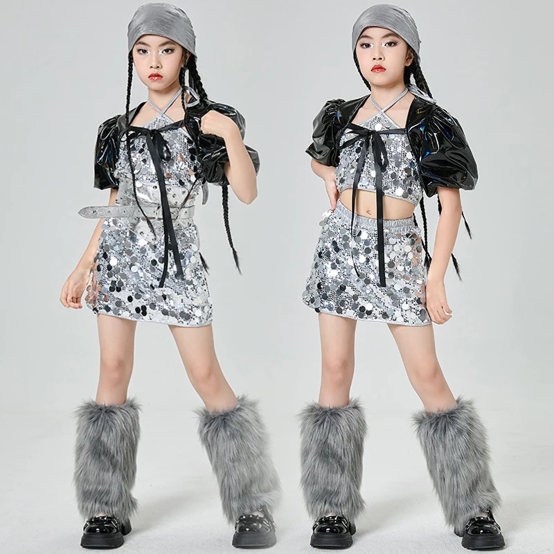 

Серебристая сценическая одежда с блестками K-pop, наряды для джазовых танцев для девочек, детский костюм танцовщицы, танцевальный конкурс, костюм для выступлений XH2783