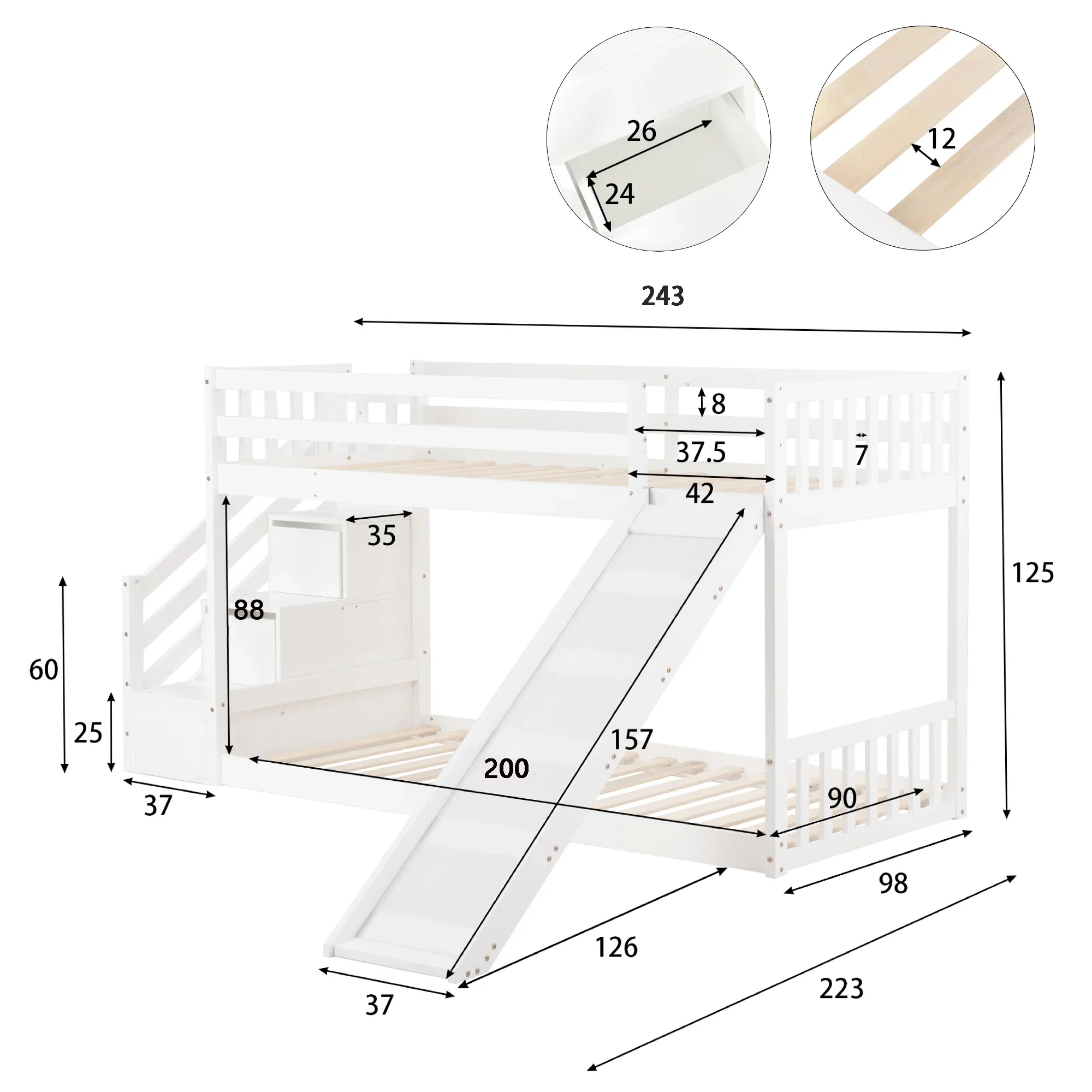 VSOGA Bunk Bed With Stairs And Slide, Solid Pine Frame, Cot With 2 Drawers On The Stairs, 90x200cm