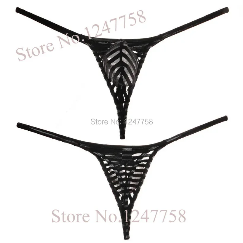 

Men's Solid Mesh Striped Thong Underwear Pouch T-Back Mesh G-String