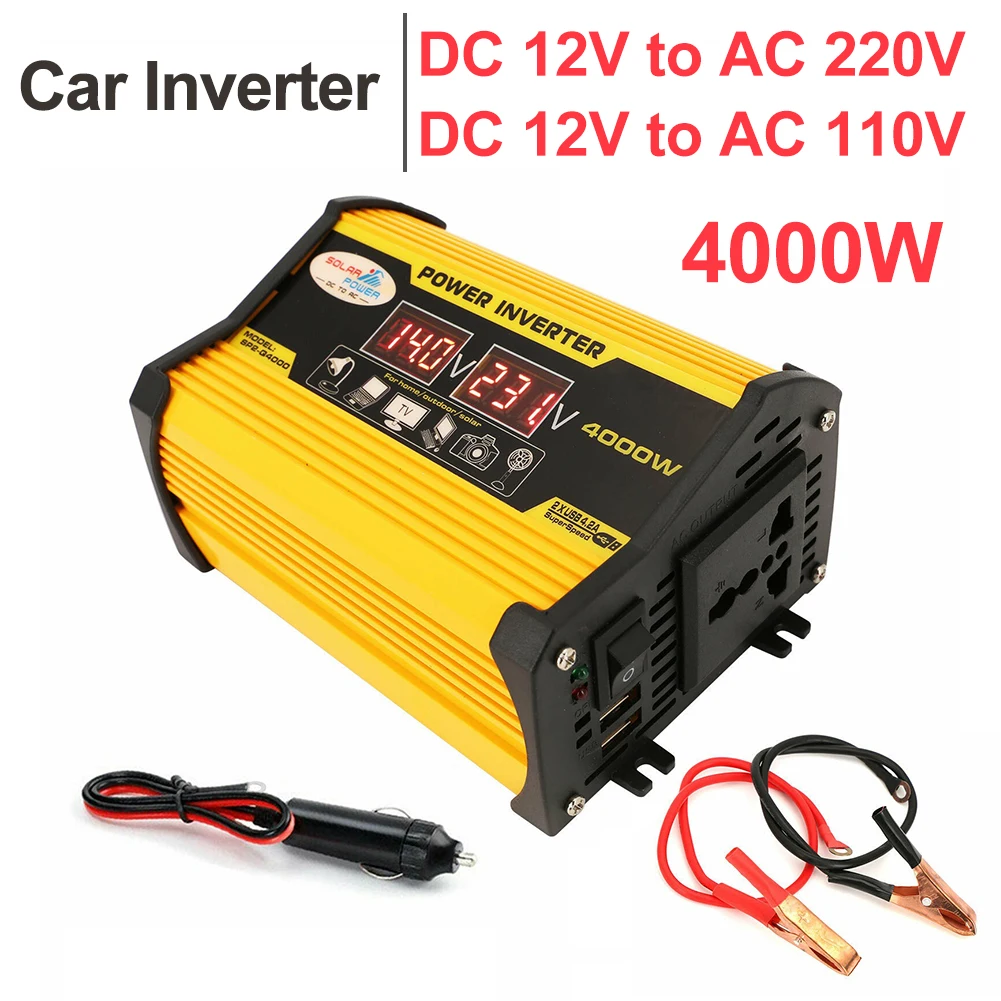 4000W Modified Sine Wave Inverter DC 12V to AC 220V 110V Portable Dual USB Port Intelligent LCD Display Car Power Inverter