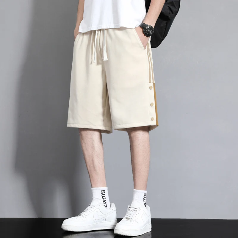 

Fashion Spliced Button Striped Casual Shorts Men's Clothing 2024 Summer New Loose Elastic High Waist All-match Knee Shorts