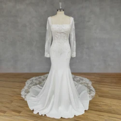 DIDEYTTAWL Real Picture Square-Neck Appliques Long Sleeves Crepe Mermaid Wedding Dress Zipper Back Court Train Bridal Gown