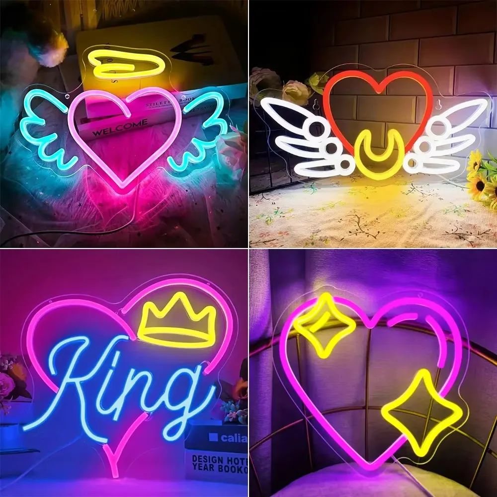 

Heart Neon Sign Wing Led Light Up Sign Wall Decor USB Dimmable Room Decoration For Home Bar Bedroom Birthday Party Kids Room