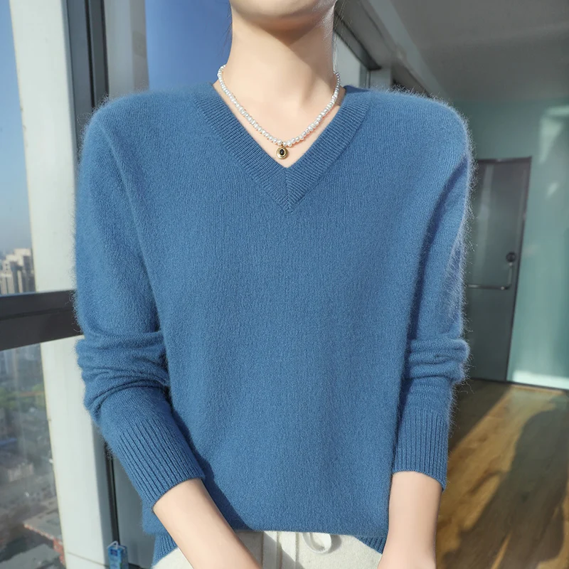 Women 100%  Mink Cashmere Sweater Ladies V-Neck Knit Pullover Casual Loose Long-Sleeved Blouse Autumn Winter Solid Thicken Tops