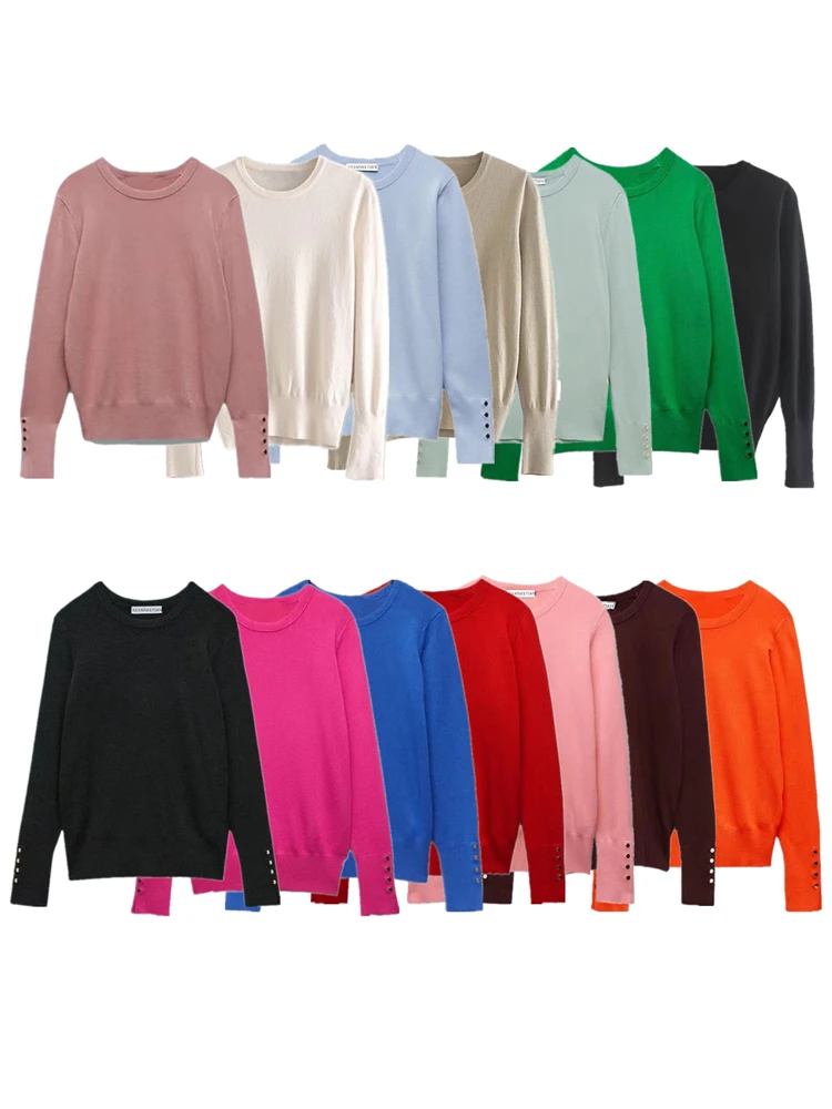 KEYANKETIAN Women's O-Necked Long Sleeves With Buttons Pullover Sweater Female Casual Solid High-Stretch Shirts Chic Ladies Top