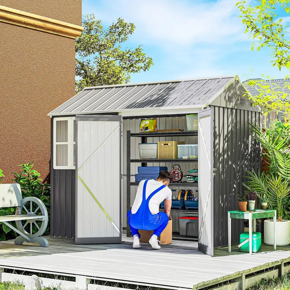 

Серый металлический сарай для хранения на открытом воздухе с окном и двойной запираемой дверью, 8x5.5 футов, для заднего двора, патио или гаража