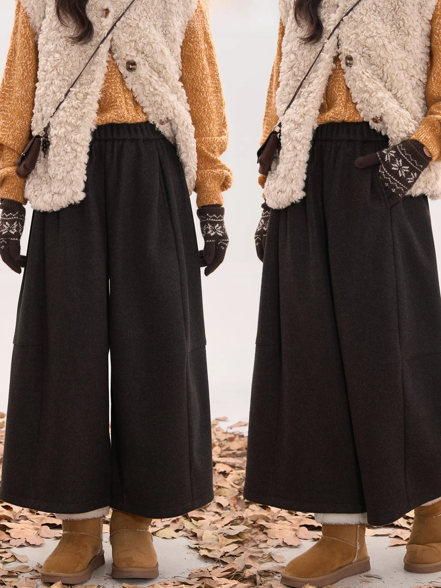 

Повседневные брюки Heme для женщин, зимние, на флисовой подкладке, широкие штанины, из смесовой шерсти, укороченные, свободного кроя, модные, на все сезоны