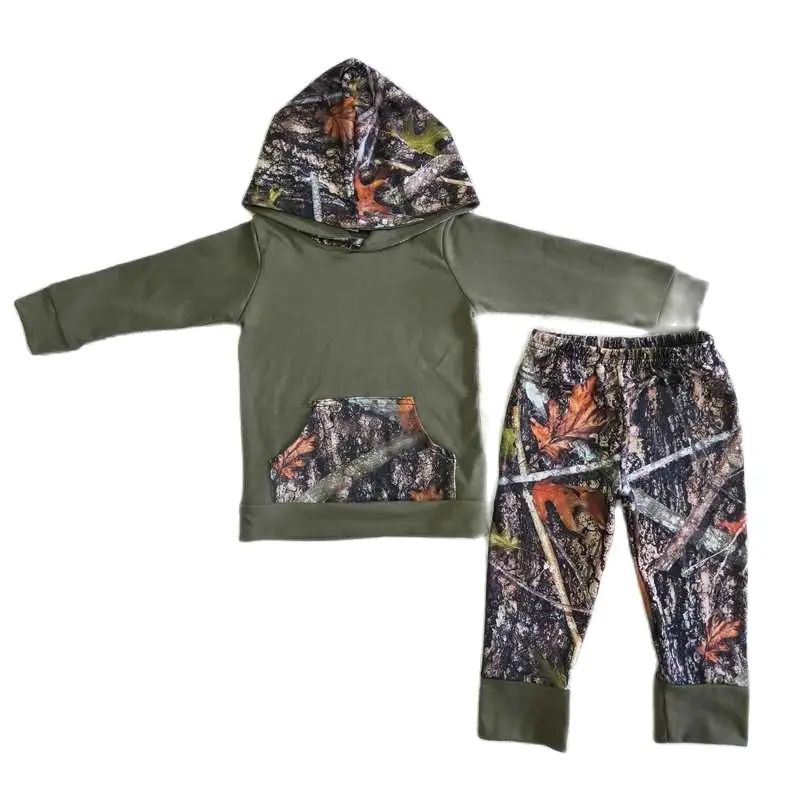 

Boys Army Green Hooded Long Sleeve Maple Leaf Tree Pants Set