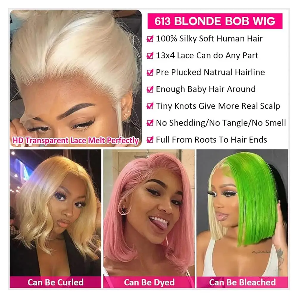 شقراء قصيرة مستقيم بوب شعر مستعار شعر الإنسان 613 الملونة الدانتيل شعر مستعار أمامي 13x4 HD الدانتيل أمامي قبل قطعها غلويليس قصيرة بوب للنساء