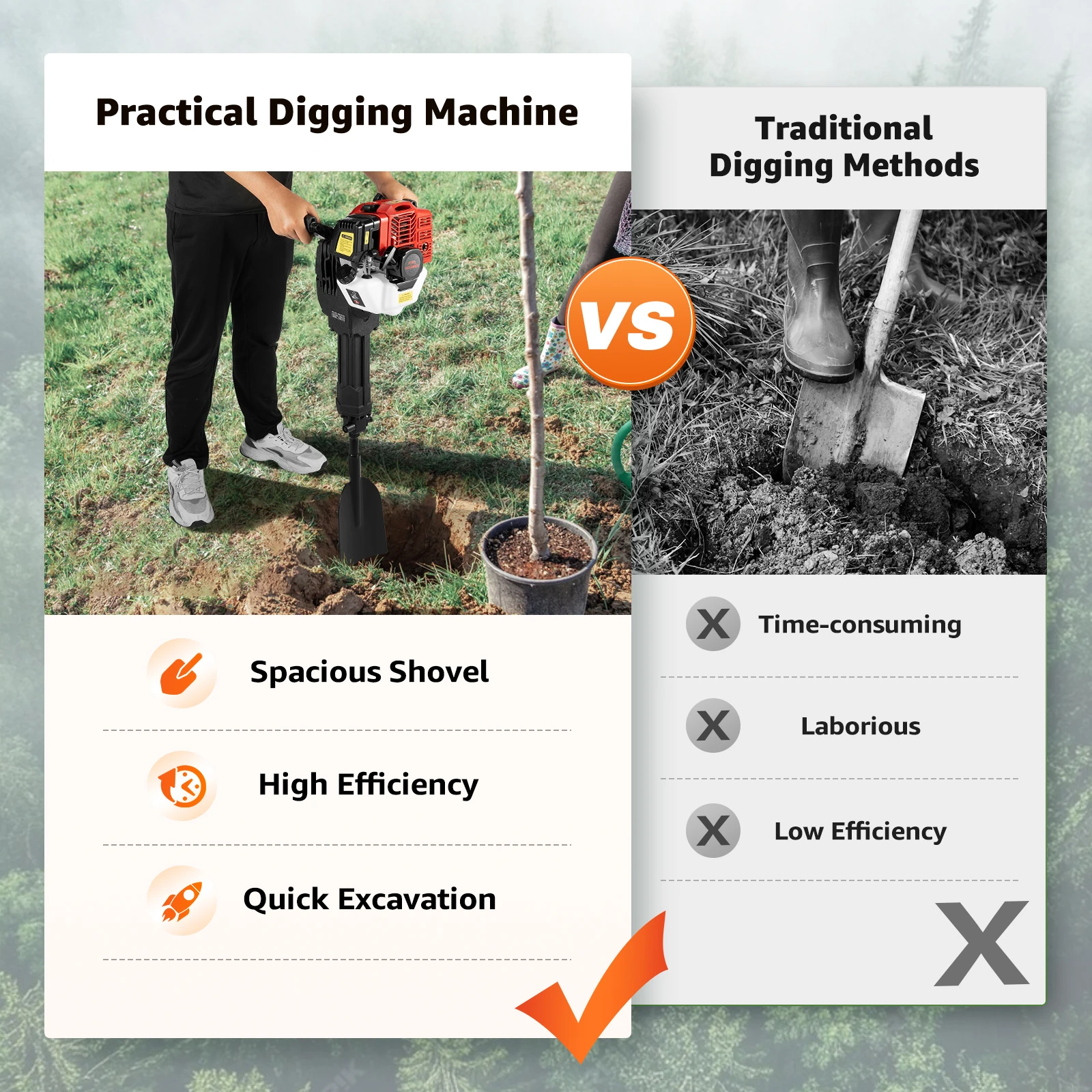 Portable Tree Digger 52CC 2 Stroke Engine 1900W 6500RPM 20-55J Impact Force 1500 BPM for Digging Soil Pits Cutting Roots Lifting Tree Balls Garden Yard Landscaping