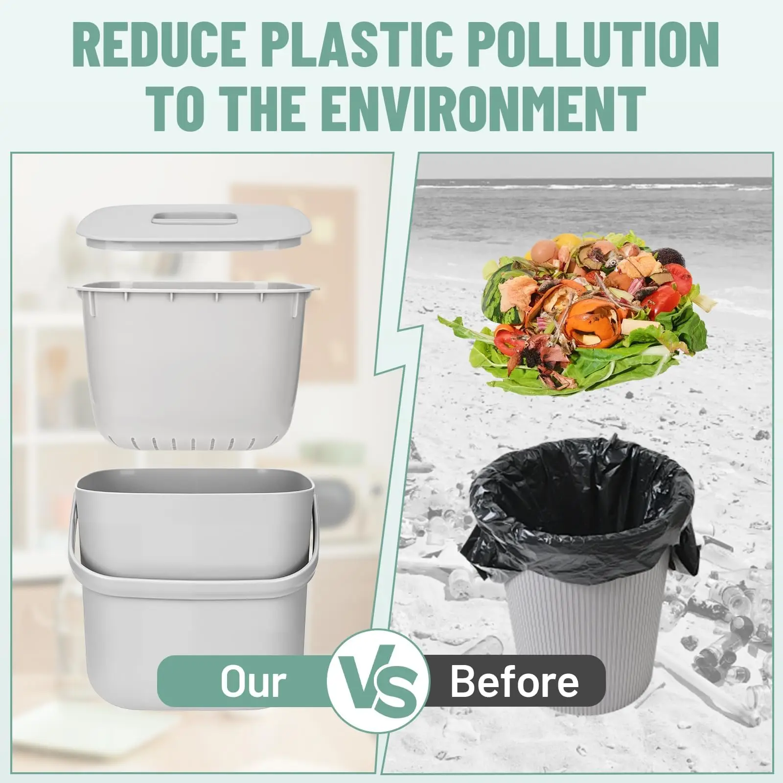 Kitchen Organic Waste Bin with Lid, Compost Bin for Everyday Organic Waste Containers, Odour-proof, Easy To Clean.
