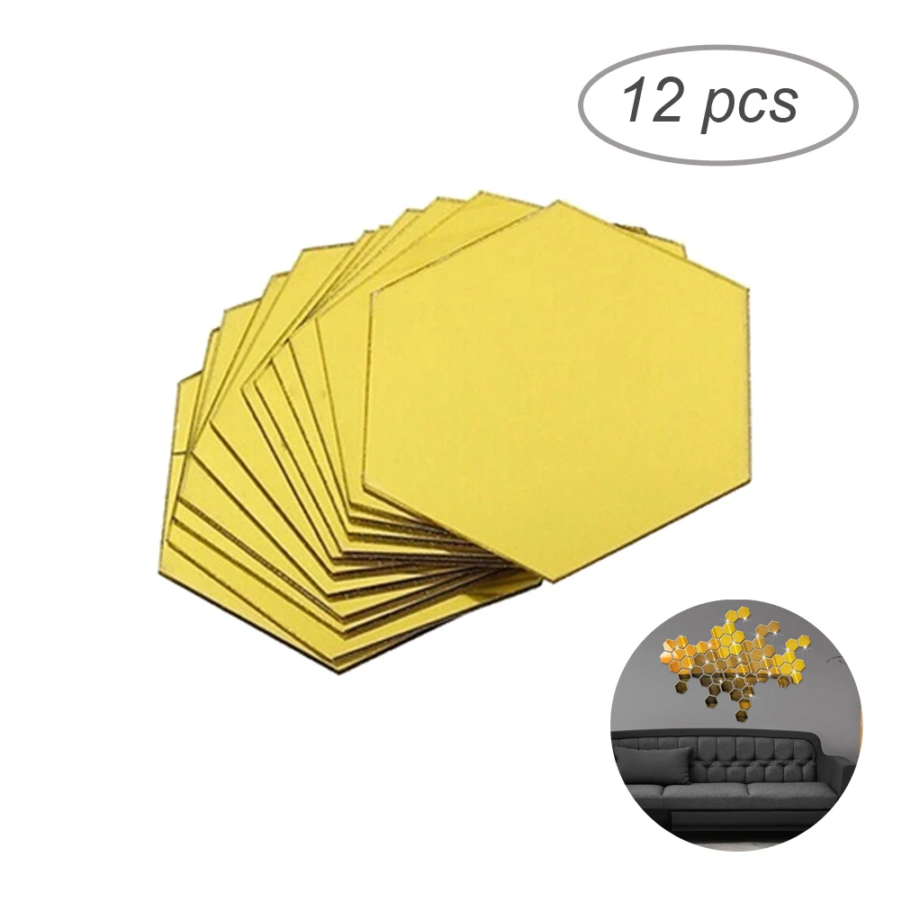 

12Pcs Hexagonal Mirror Wall Sticker Silver Acrylic DIY Removable Wall Decal Home Decor Living Room Kitchen Bedroom Office