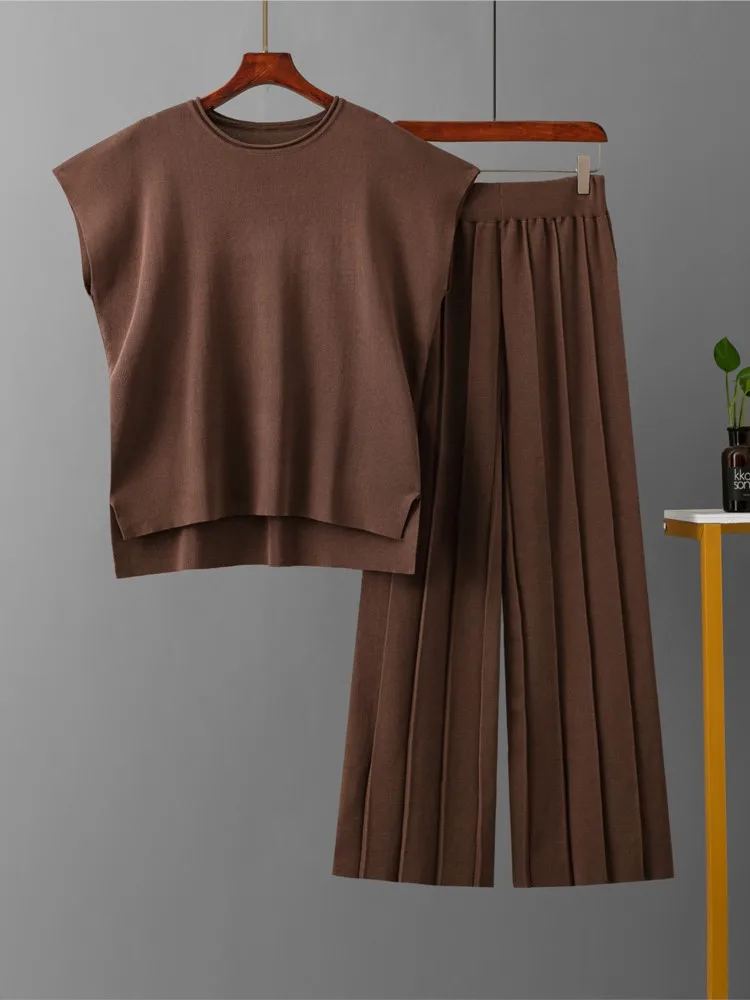 Mode Stricken Set Für Frauen Casual Solide O Hals Ärmellose Tops + Hohe Taille Breite Bein Hosen 2-stück Sets Dame Büro Kleidung Sommer