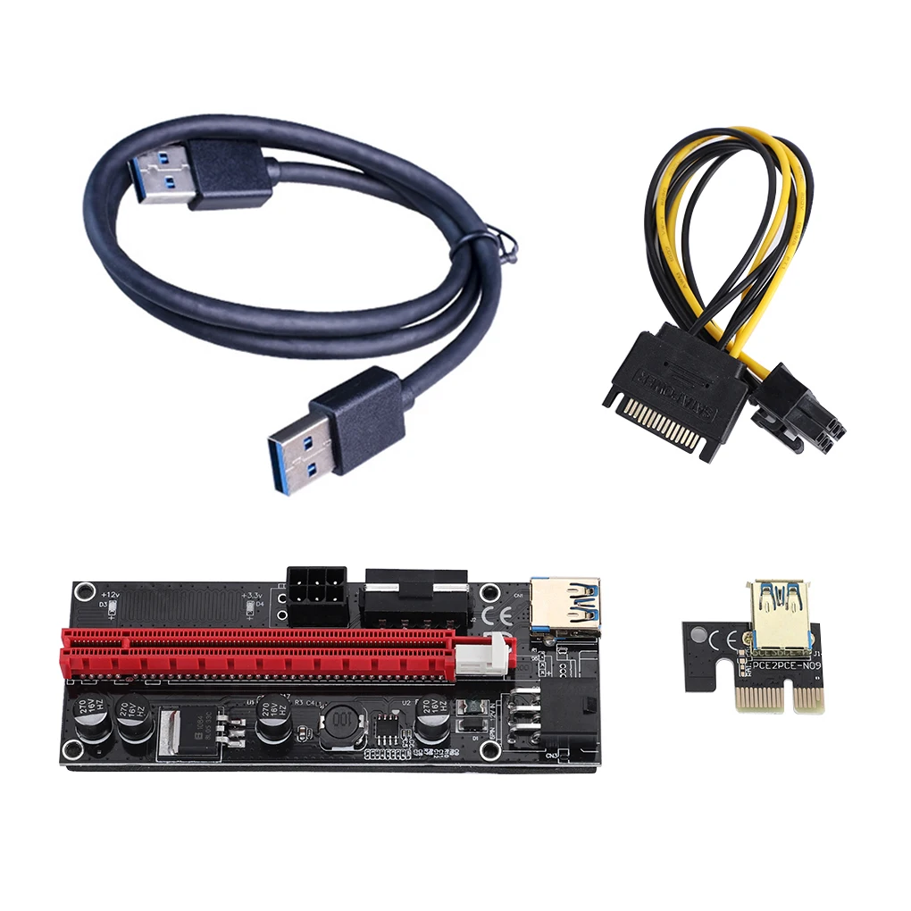 12Pcs PCI-E pcie Riser 009S Express 1X 4x 8x 16x Extender PCI E USB Riser 6Pin Adapter Card SATA 15pin for BTC Miner