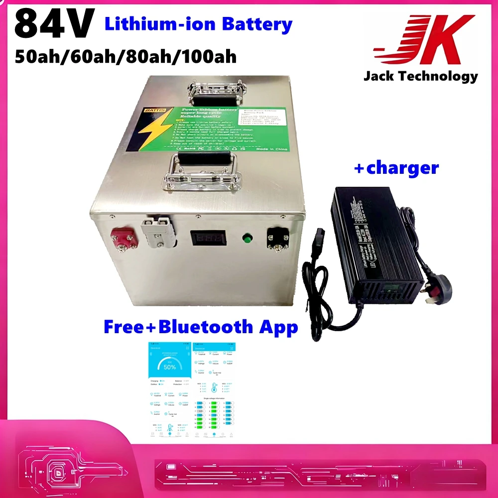 84V Lithium Ion Battery 50Ah/60Ah/80Ah/100Ah With Bluetooth APP BMS + Charger Stainless Steel Case For E-Motorcycle E-Bike