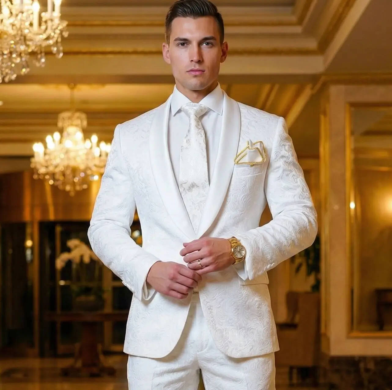 

Костюмы для жениха и свидетелей: белые, с атласным лацканом-шалью, 2 предмета, для свадьбы