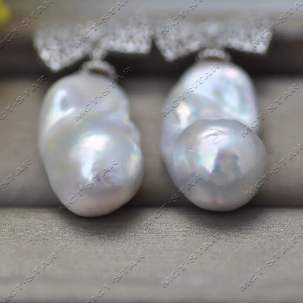 Z13796 26mm White Baroque Reborn Keshi Pearl Dangle Earring Bowknot CZ Custom Jewelry Earrings 