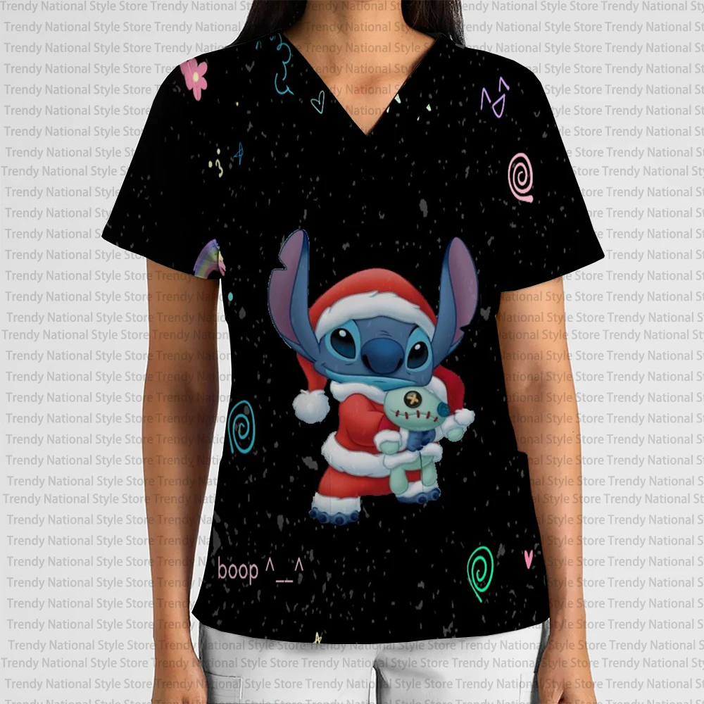 ديزني عيد الميلاد غرزة مطبوعة ثوب جراحي موحدة ممرضة صالون تجميل الرعاية الطبية ثوب جراحي المرأة تي شيرت