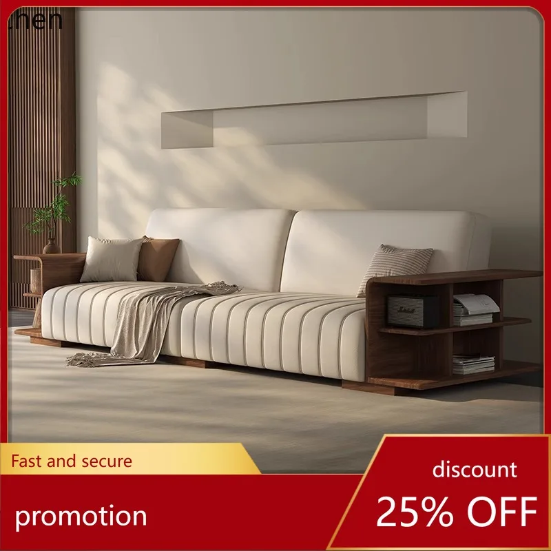 

HXL Black Walnut Straight Row Sofa Minimalist Leather Lounge Chair Living Room Furniture