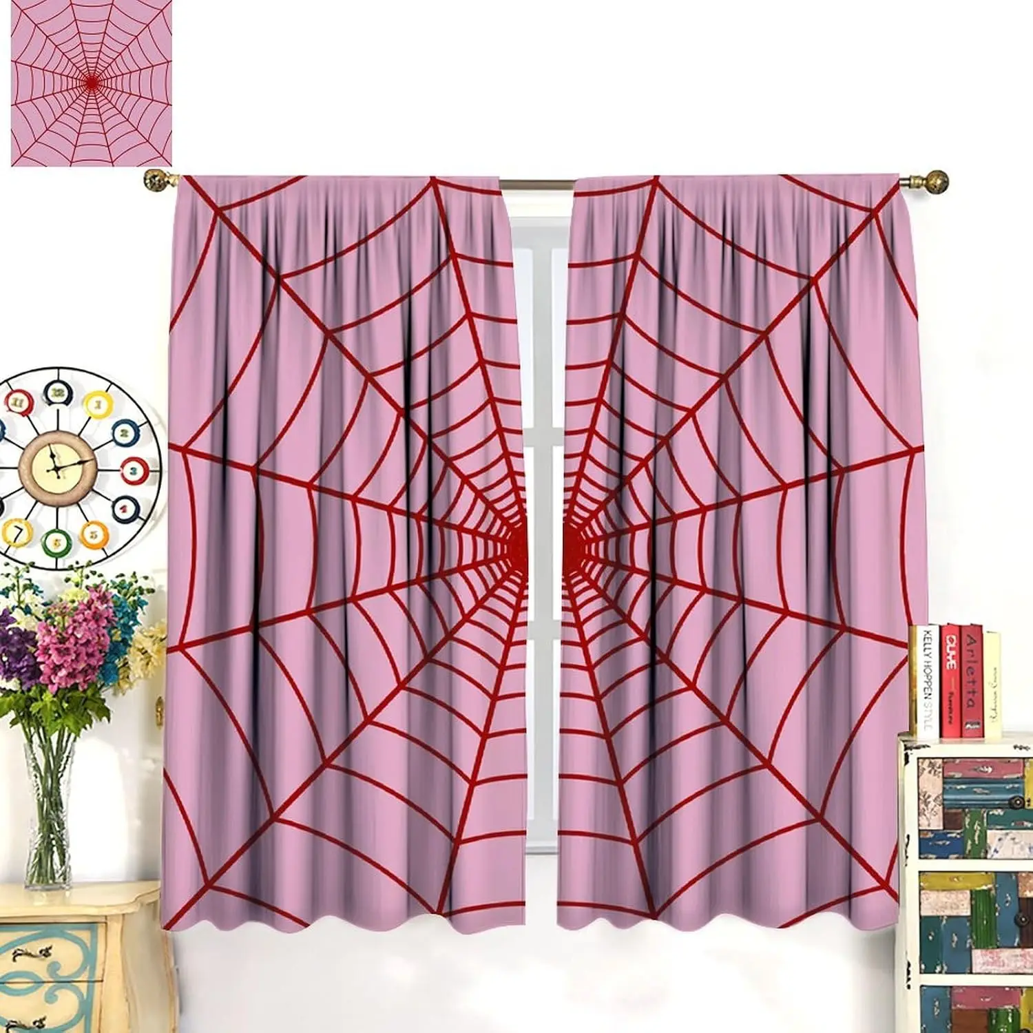 Cortinas de ventana de telaraña de superhéroe para niñas, cortinas de tratamiento de ventana rosa de telaraña roja para niños, bebés y niños pequeños