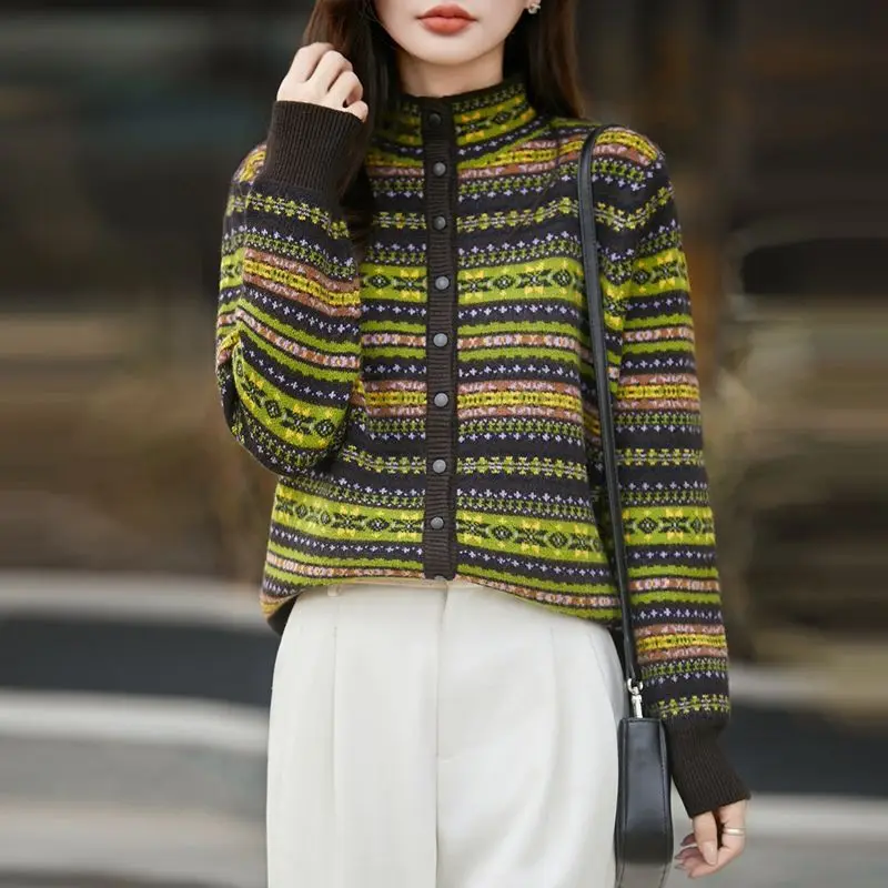 

Sheep wool semi-turtleneck retro jacquard autumn and winter loose sweater long sleeve knitted cardigan women