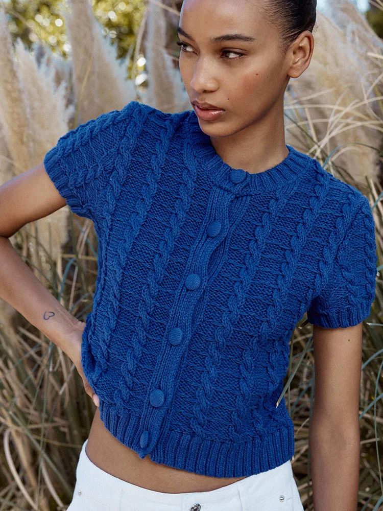 

Spring New Arrival Women's Faion Knitted ort Sve round Ne Jaet 3D Emed Street Sle Anti-Wrinkle Color