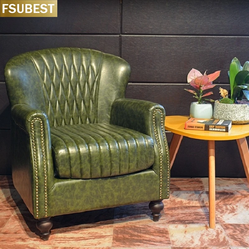 FSUBEST Cafe Tiger Chair Single Sofa Chair American European Shop Bar Cafe Retro Nordic Leather Sofa Wingback Sofa