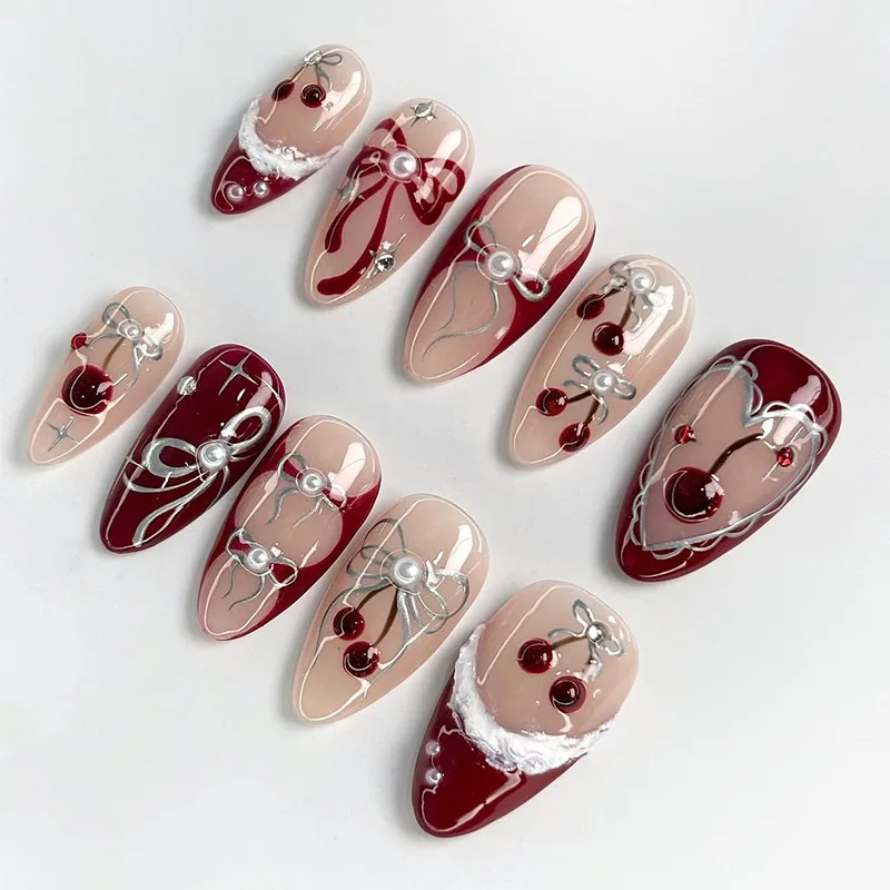 

30pcs Almond French Press on Nails Flash Cherry Rhinestones Fake Nail Bow Full Coverage Nail Tips for Women&Girl False Nail