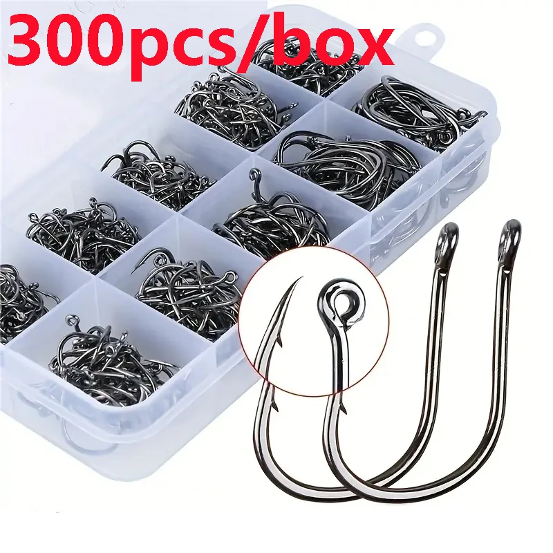 300-Piece High Carbon Steel Rust-Proof Fishing Hook Set, Size 3-12 Sharp Round Hooks, Portable Storage Box, Suitable for Sea Bass and Freshwater Trout, Anti-Slip Barbed Design, Value-For-Money Fishing Tackle Accessories, Fishing Hooks and Gear Supplies