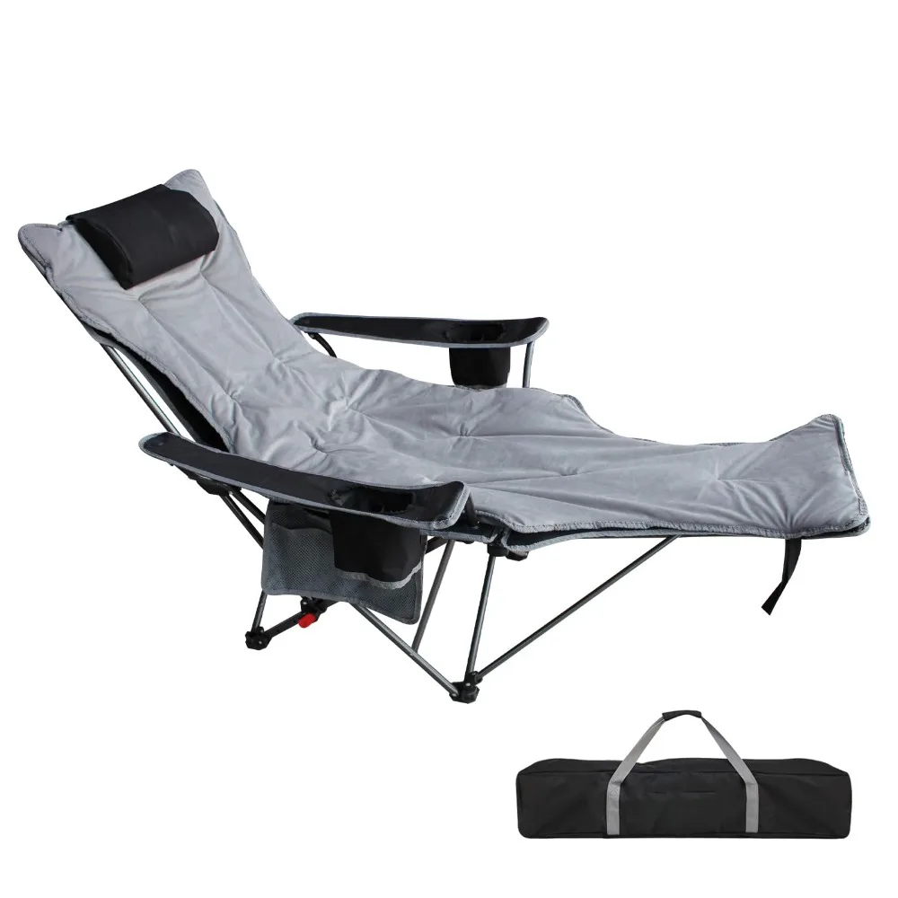 Reclining Camping Chair with Removable Footrest Lounge Chair with Headrest, Cotton Cushion, Portable Adjustable Folding Chairs