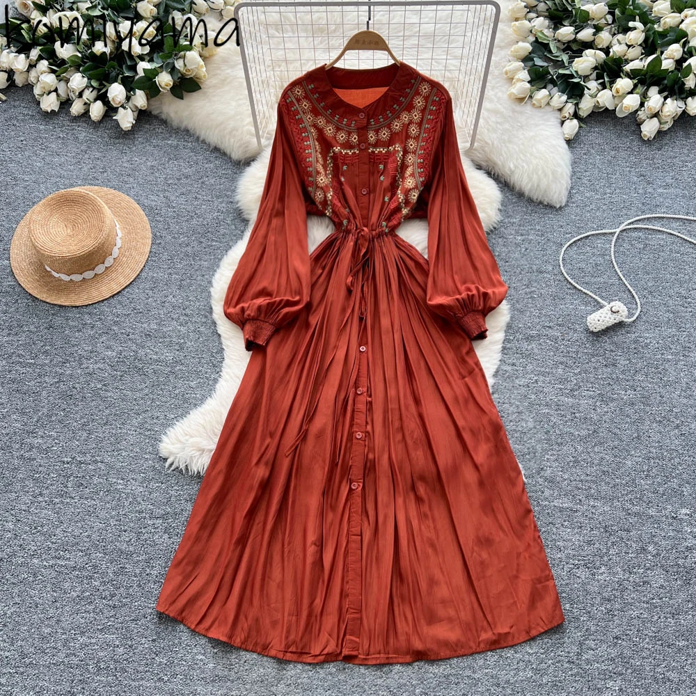 

Bohemian Embroidery 2025 Vestidos Bandage Holiday Woman Dress Autumn Lo-neck Ong Sleeve Dresses Robe Elegant Ropa De Mujer