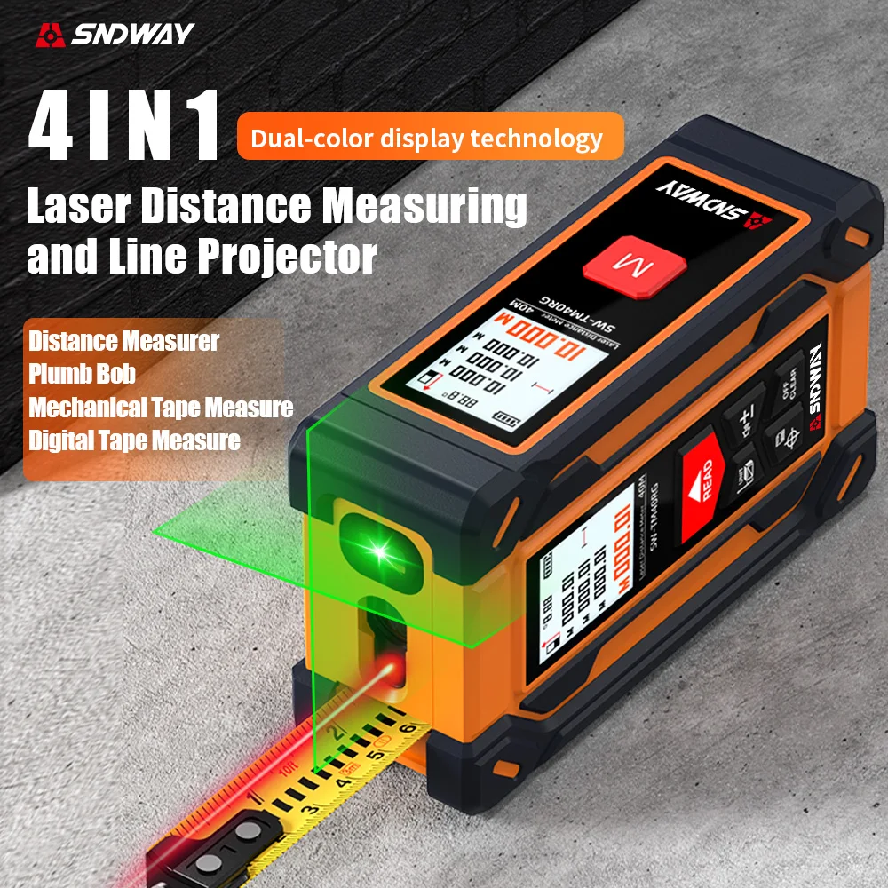 SNDWAY 4-in-1 Green Laser Rangefinder with Tape Measure，Dual-Sided Color Screen, Rechargeable, Multifunctional Measuring Tool