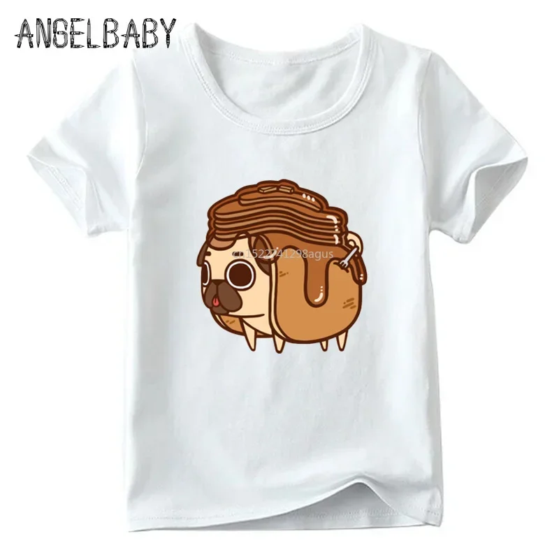 Baby Boys and Girls Cartoon Pug Dog Pancakes Food Print T shirt Kids Funny T-shirt Children Summer White Tops,ooo2161