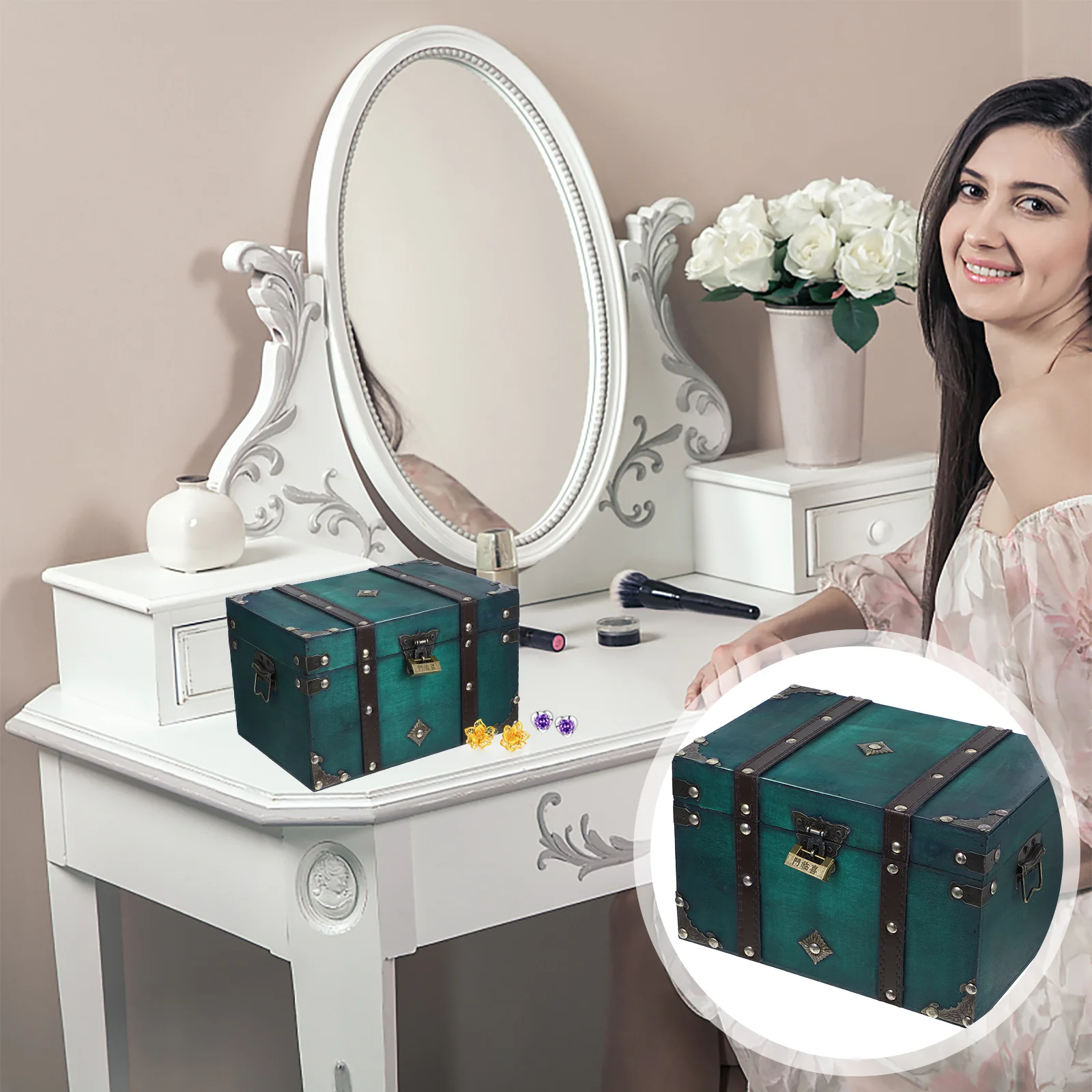 

European Vintage Jewelry Storage Case Large Wooden Treasure Chest Lock Multifunctional Organizer Box Suitable for Jewelry Photo