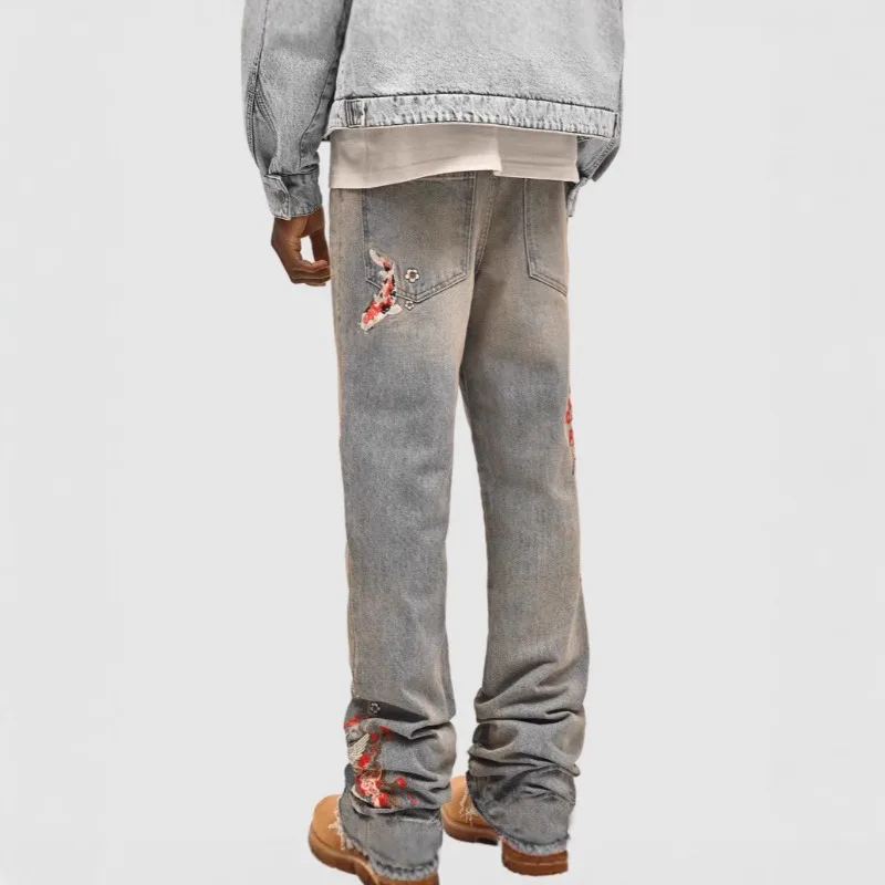 Men's Jeans 2025 Streetwears Fashion Straight Jeans Full Length Denim Pants Slight Strech Embroidery Loose Distressed Man Jeans