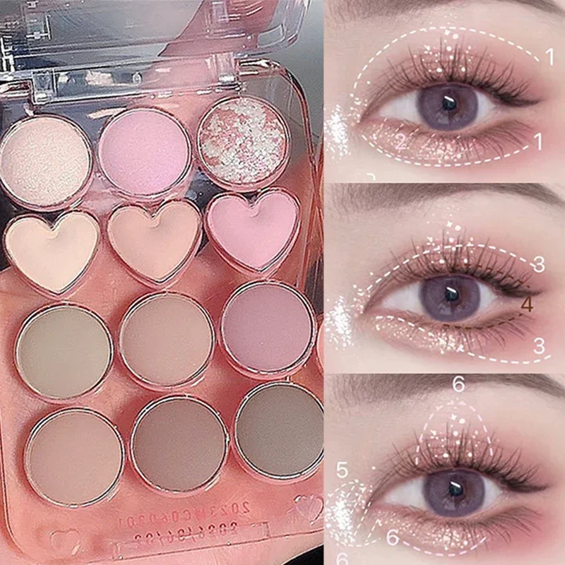 12 kleuren glitter liefde oogschaduw plaat roze roze parelmoer matte oogschaduw palet zachte kleurweergave oogschaduw cosmetische