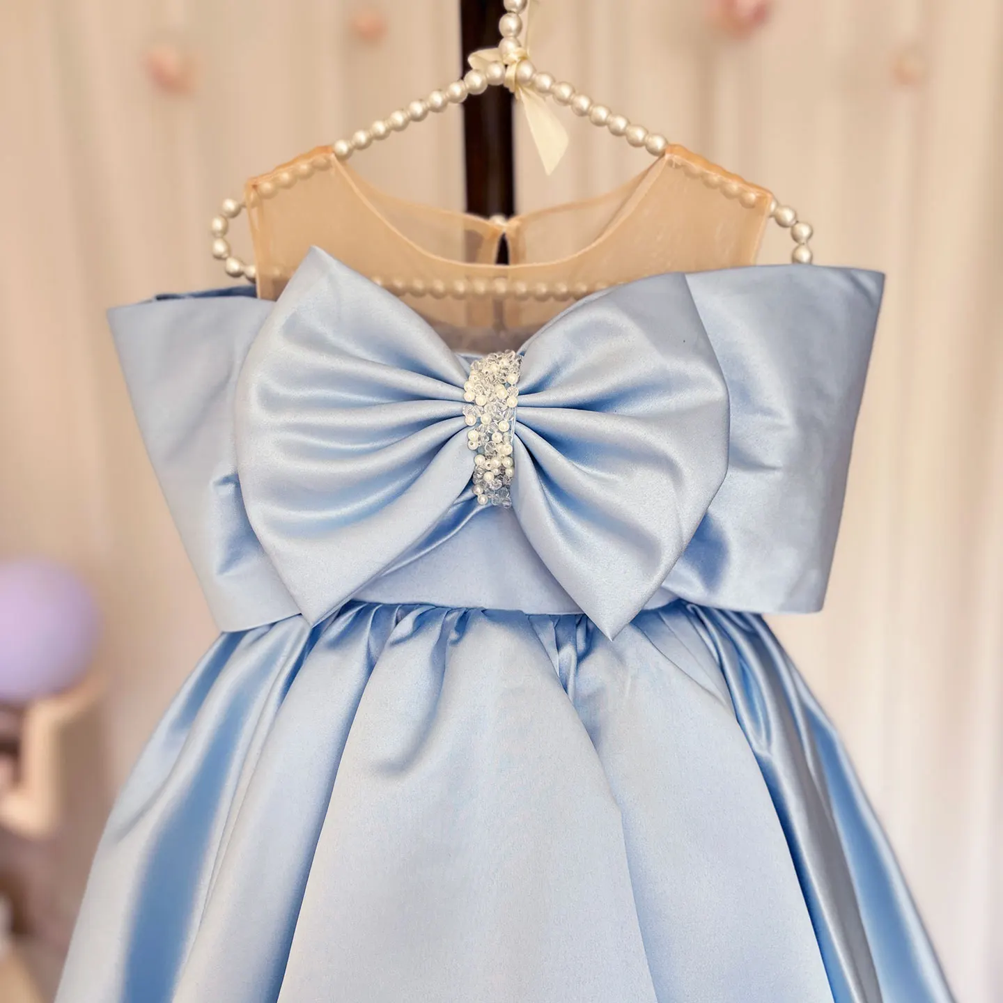 Jill Wish-Robe à fleurs en satin bleu pour fille, élégante, avec nœud, longueur aux genoux, pour mariage, fête d'anniversaire, J33