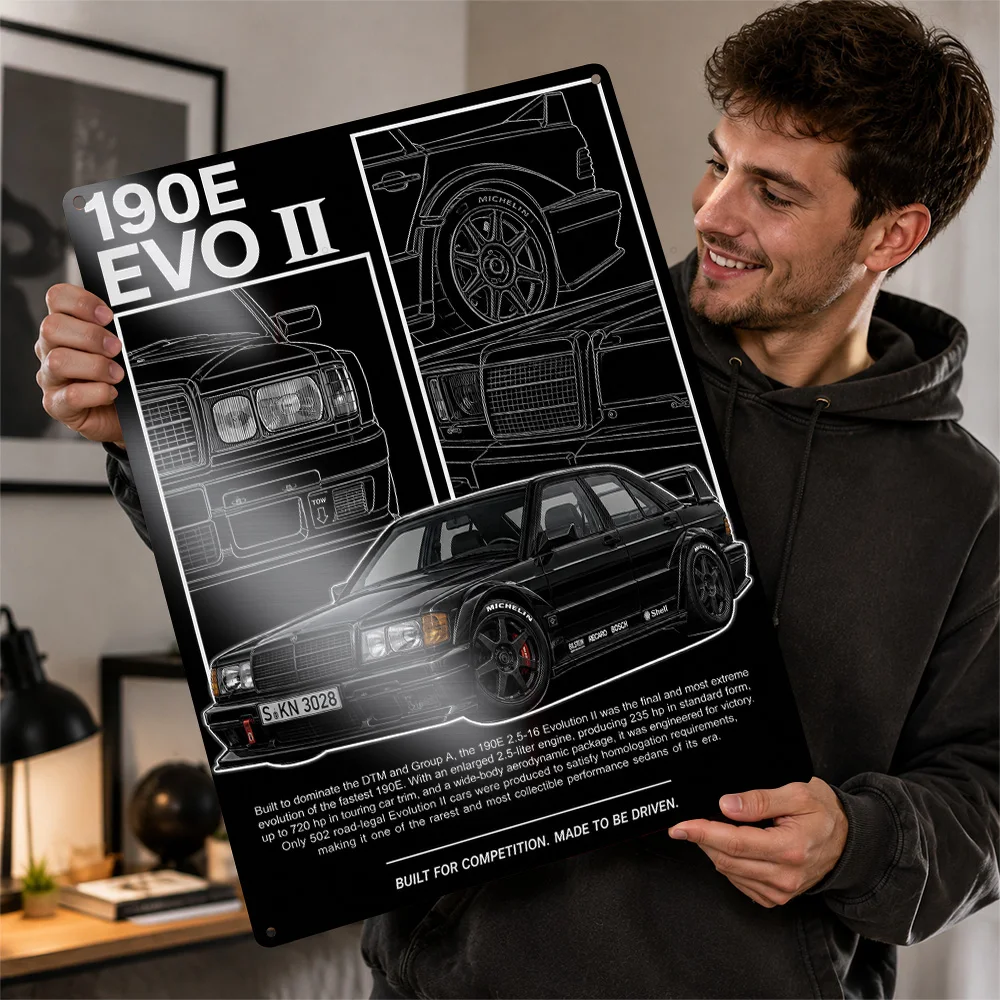 Germany 190E EVO II Black Sports Sedan Aluminum Poster Customized Metal Tin Sign Track Culture Style Wall Art Ideal For Office