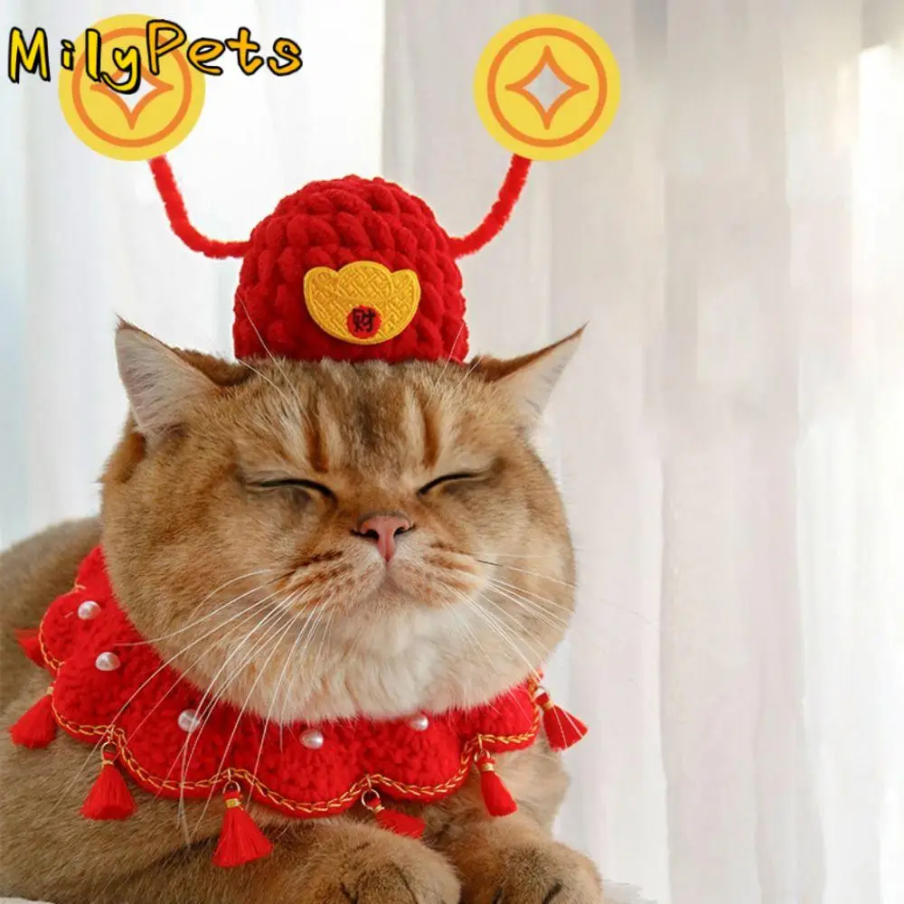 Chinese Style Fortune Cat Headwear Adjustable Soft Pet God of Wealth Hat Warm Handmade Pet New Year Hat Spring Festiva